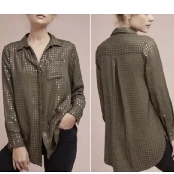 Maeve Brown Sequin button down blouse with front pocket. Size medium. - Picture 1 of 12